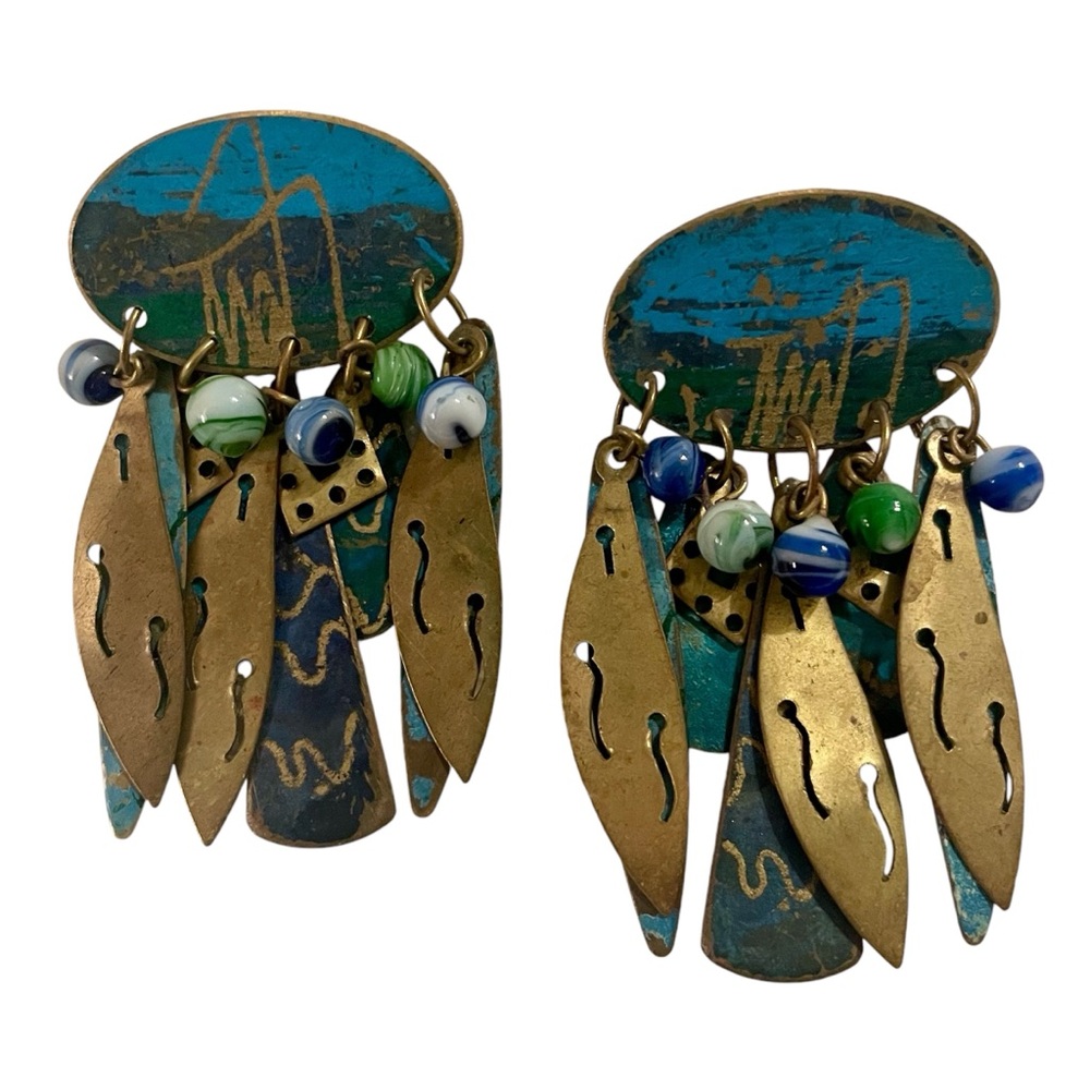 Handcrafted Bohemian painted brass dangle beaded earrings blue,gold,green & aqua